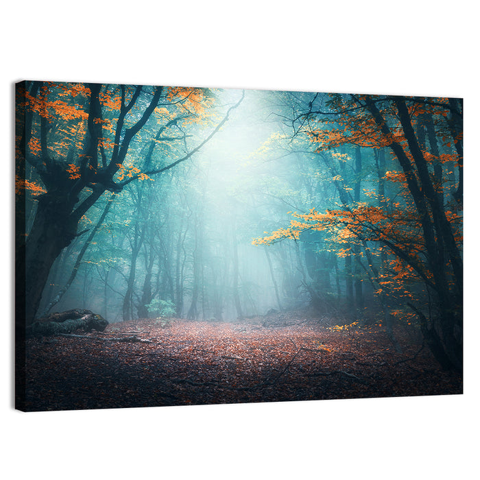 Misty Forest Path with Glowing Light Wall Art as a canvas print