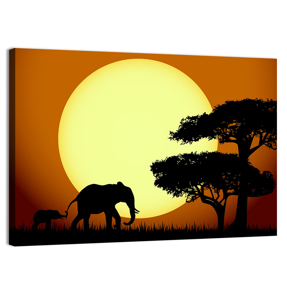 Savanna Sunset Elephants Wall Art, canvas print, landscape