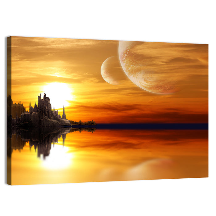 Twin Moons Over Alien Castle Wall Art as a canvas print