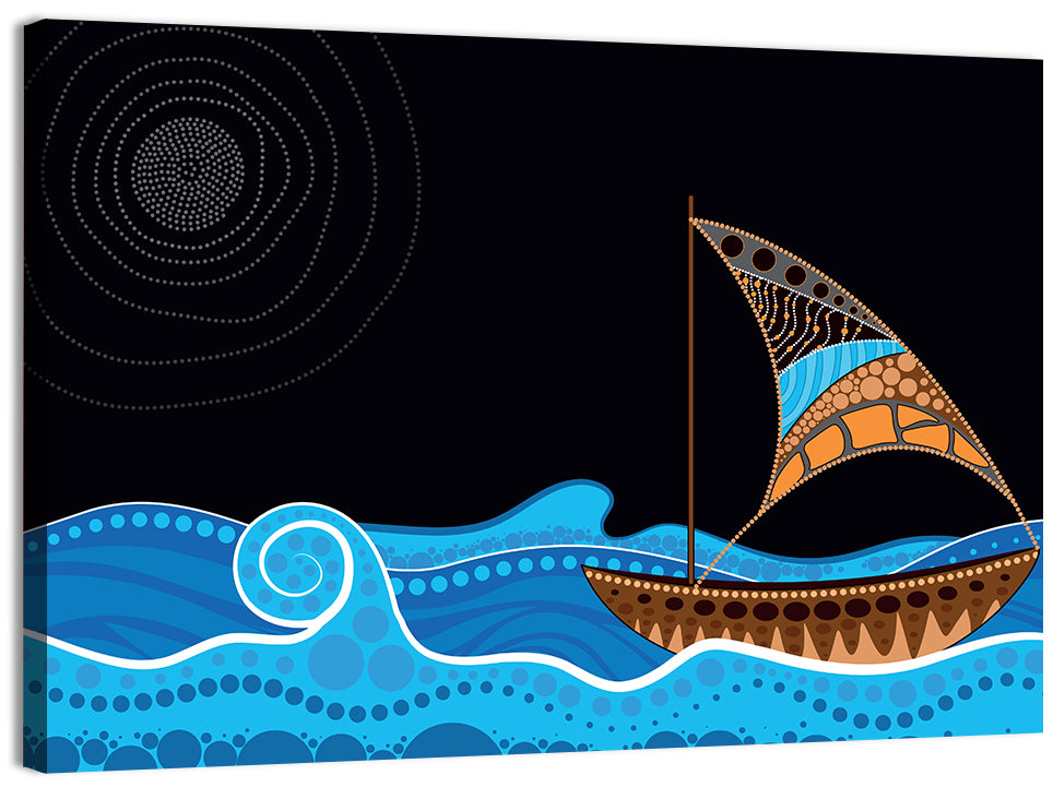 Moonlit Dotted Sailboat Illustration Wall Art, canvas print, landscape