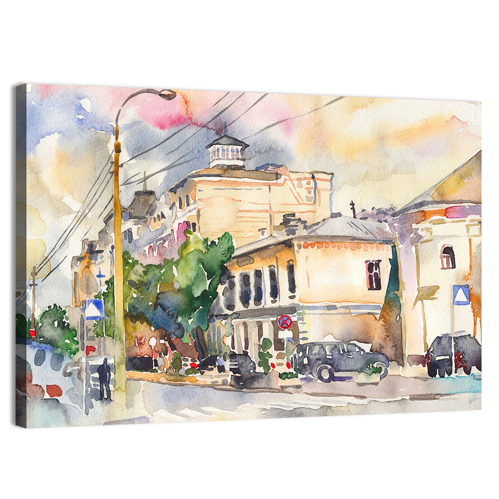 Sunlit City Street Watercolor Wall Art, canvas print, landscape