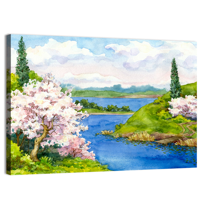 Spring Blossom Lakeside Landscape Wall Art as a canvas print