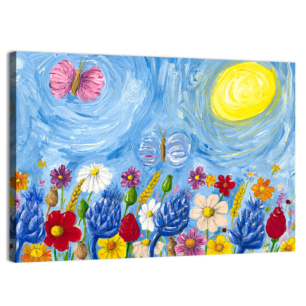 Sunlit Wildflower Meadow with Butterflies Wall Art, canvas print, landscape