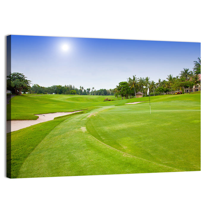 Sunny Putting Green with Palm Trees Wall Art as a canvas print