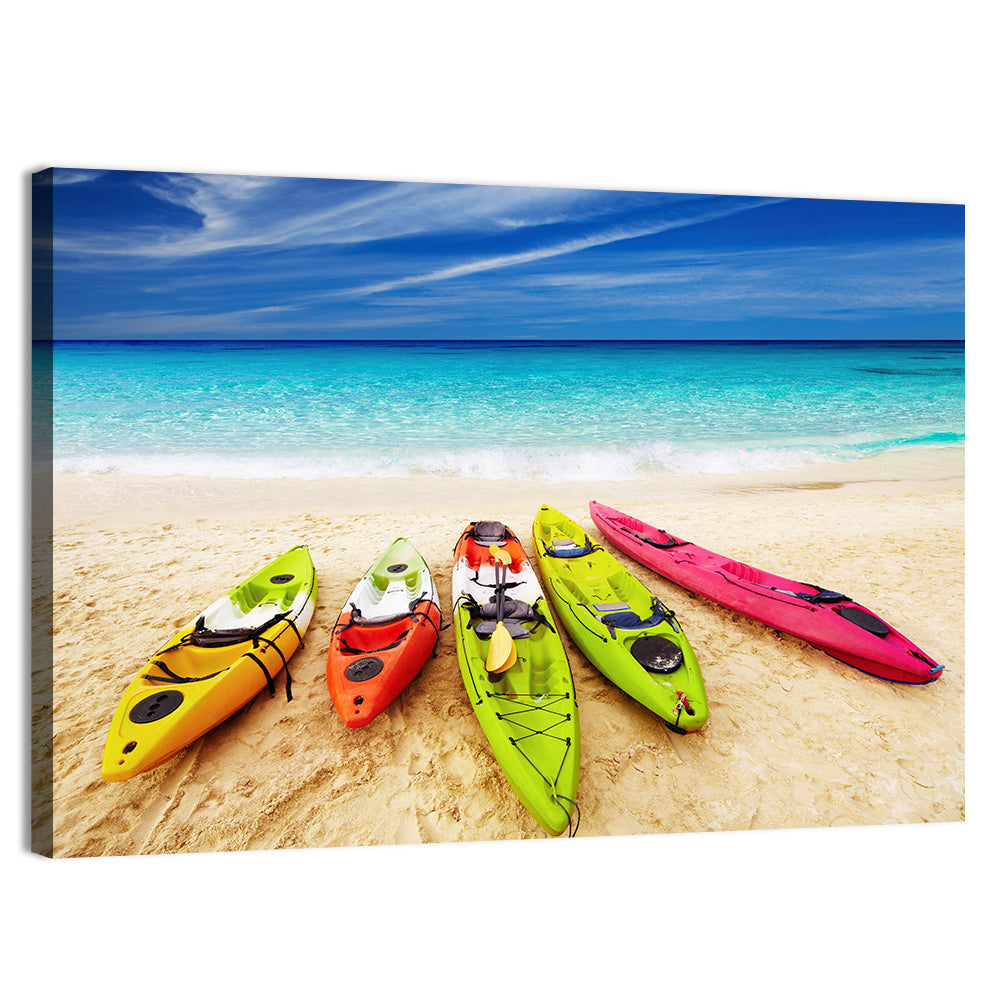 Five Colorful Kayaks on White Sand Wall Art, canvas print, landscape