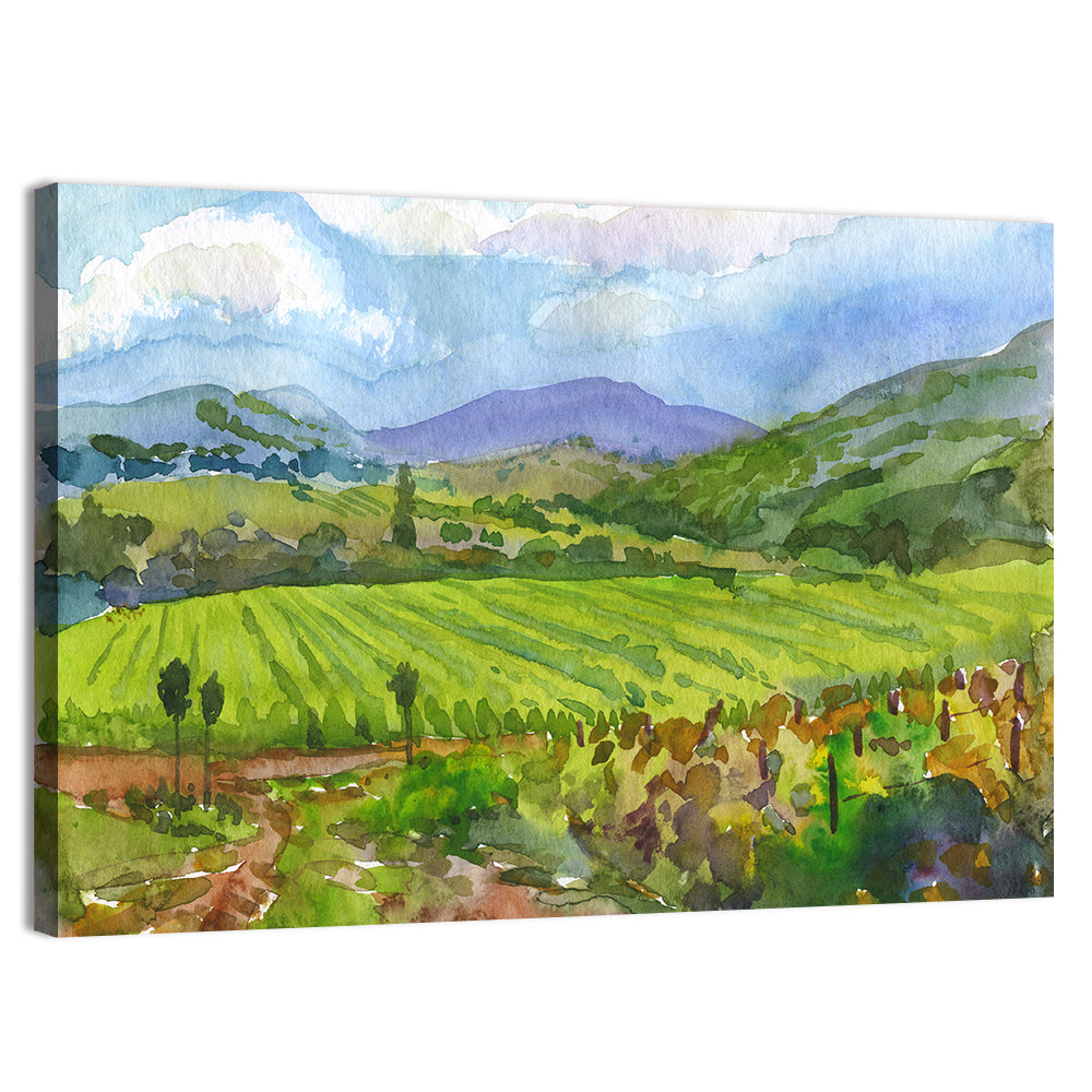 Countryside Vineyard Watercolor Wall Art, canvas print, landscape