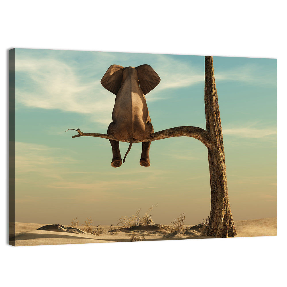 Solitary Elephant on a Tree Branch Wall Art, canvas print, landscape