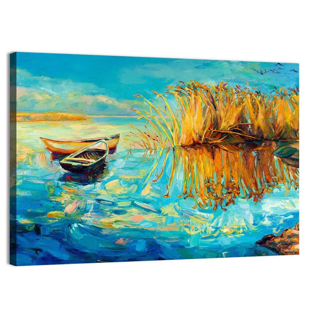 Rowboats and Reeds on Blue Lake Wall Art, canvas print, landscape