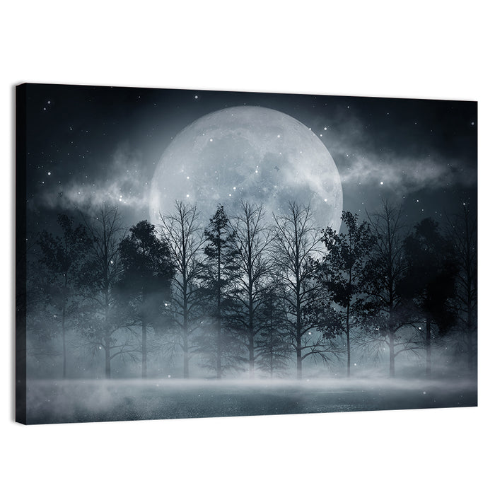 Full Moon Over Misty Forest Wall Art as a canvas print
