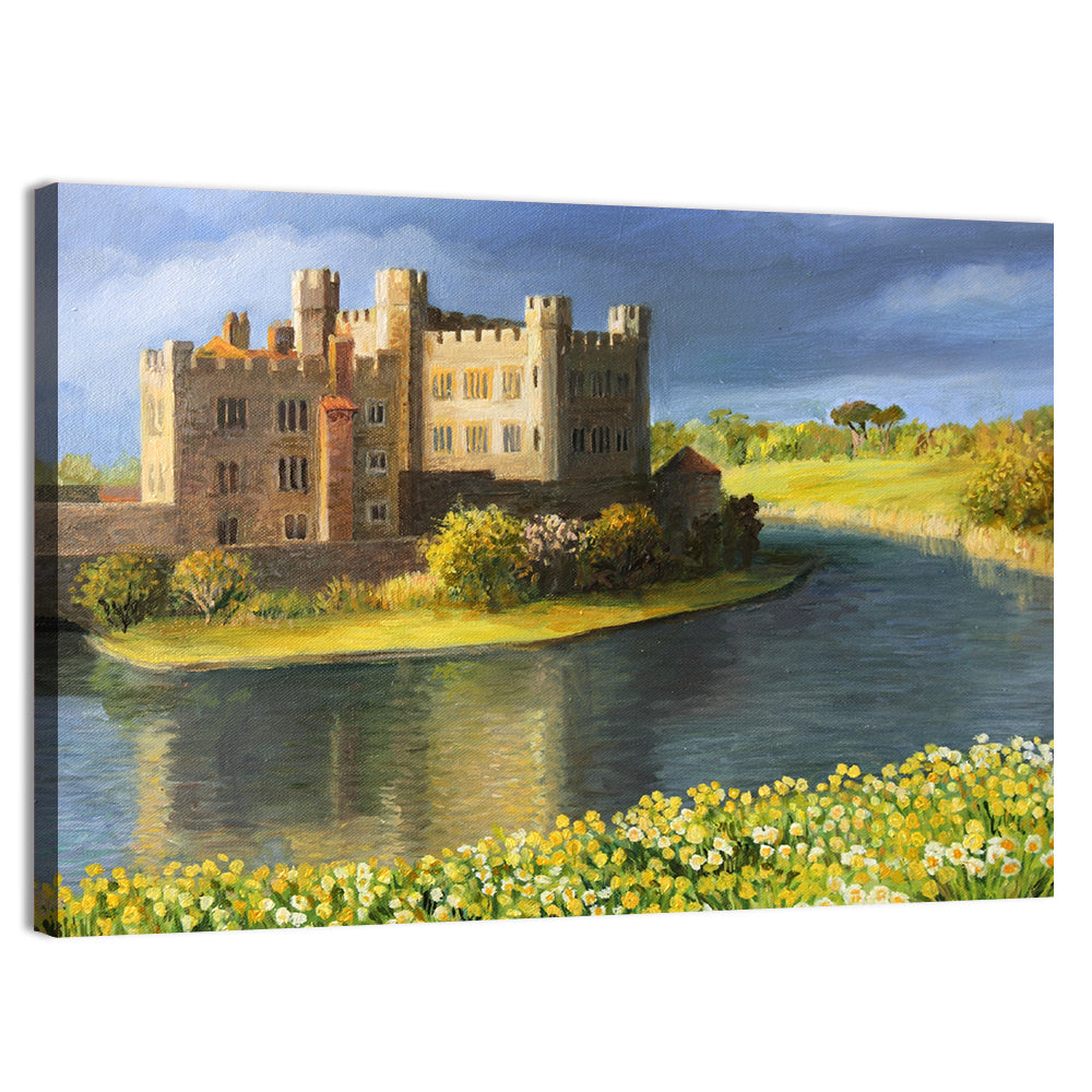 Castle Reflected Over Flower Meadow Wall Art, canvas print, landscape