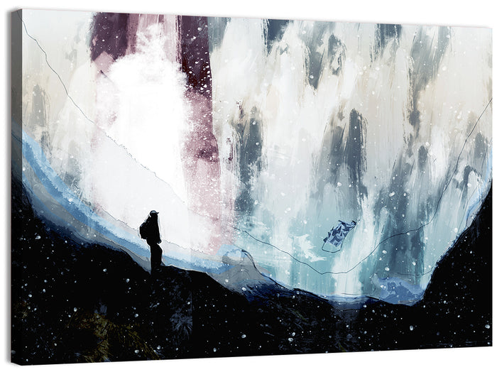 Silhouette on Cliff Over Waterfall Wall Art as a canvas print