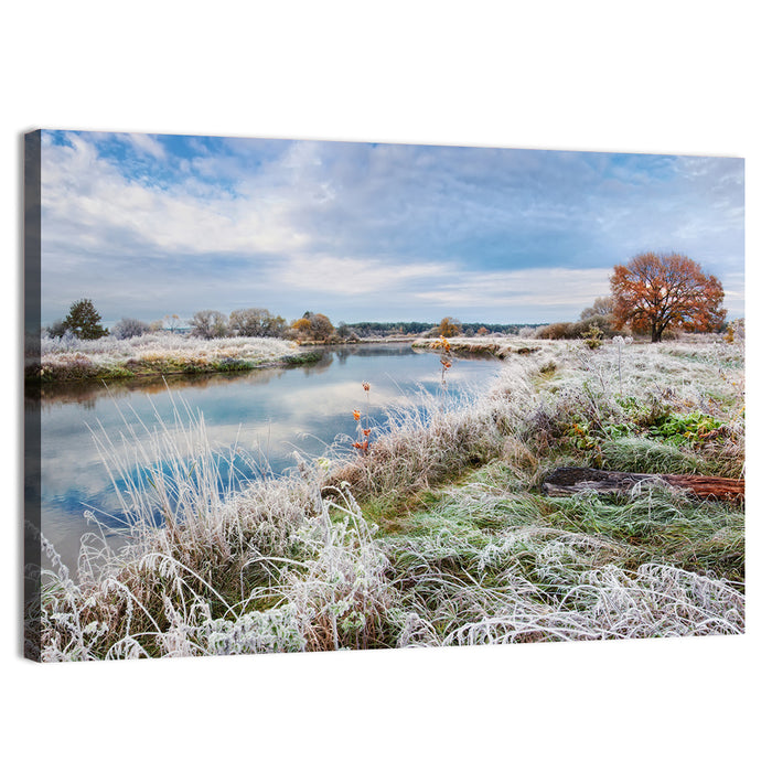 Frosted Autumn River Landscape Wall Art as a canvas print