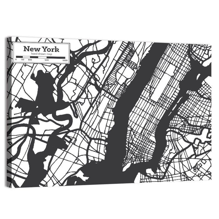 New York City Map Black and White Wall Art as a canvas print