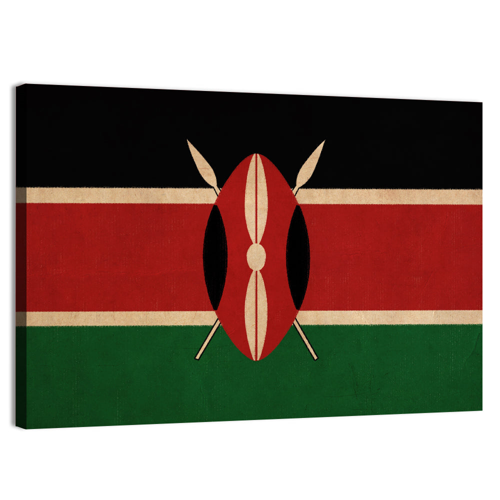 Kenyan Flag with Shield Emblem Wall Art, canvas print, landscape