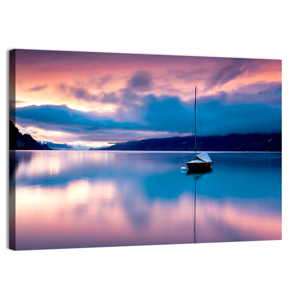Lake Brienz Sunset with Sailboat Wall Art, canvas print, landscape