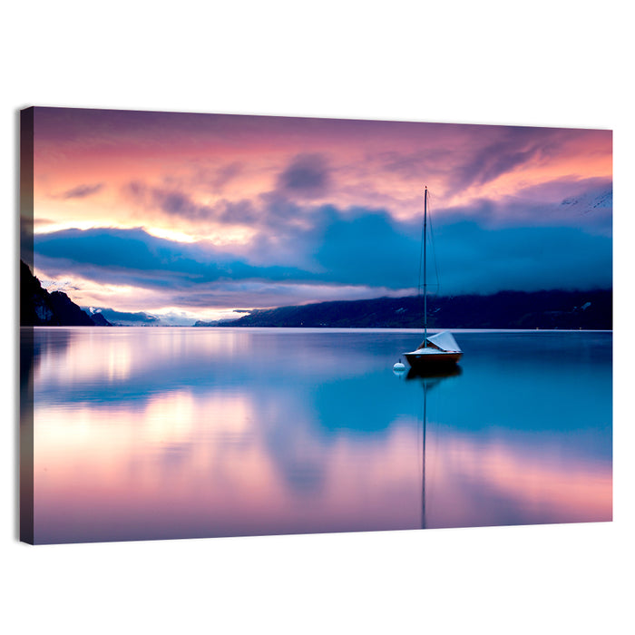 Lake Brienz Sunset with Sailboat Wall Art as a canvas print