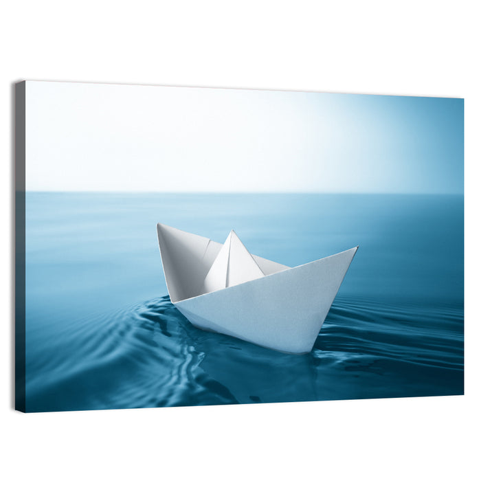 Paper Sailboat on Blue Water Wall Art as a canvas print