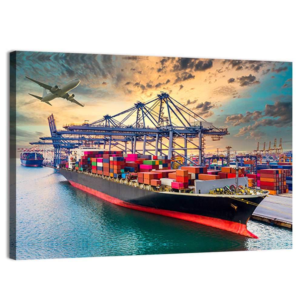 Container Ship in Harbor Wall Art, canvas print, landscape