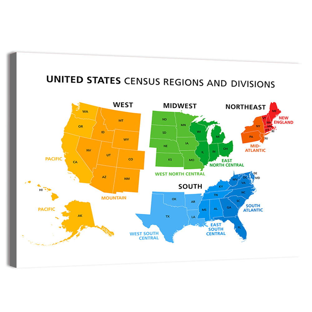 United States Census Regions Map Wall Art, canvas print, landscape