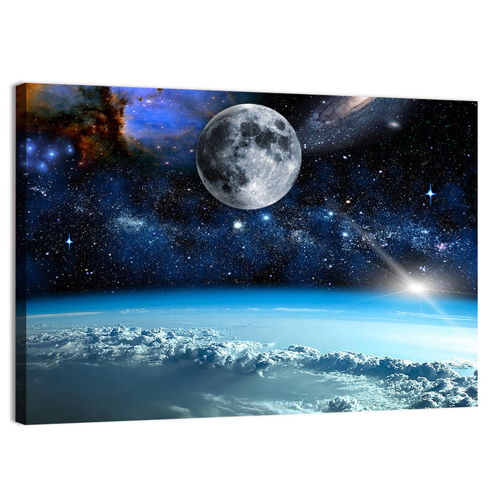 Earth and Moon Over Clouds Wall Art as a canvas print