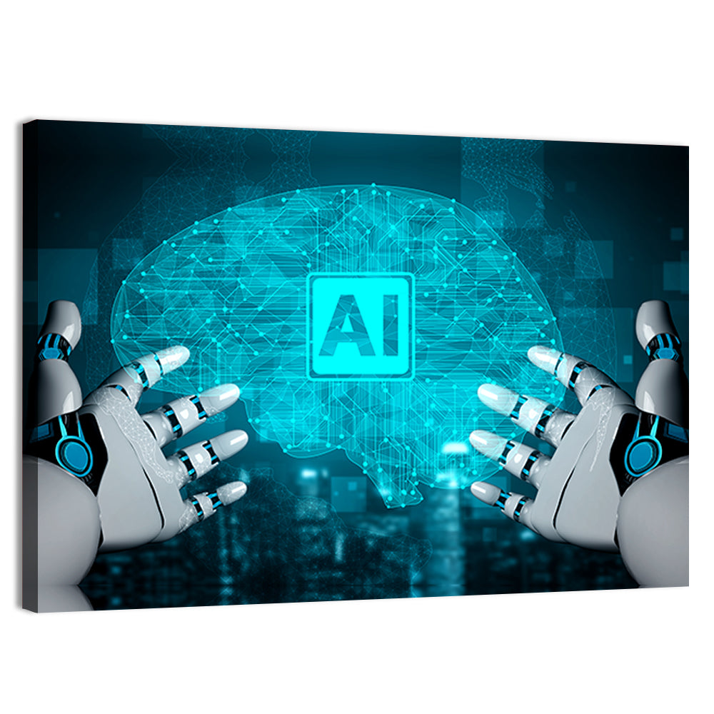 Glowing Ai Brain with Robotic Hands Wall Art, canvas print, landscape