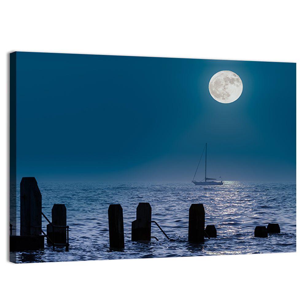 Moonlit Sailboat with Wooden Pylons Wall Art, canvas print, landscape