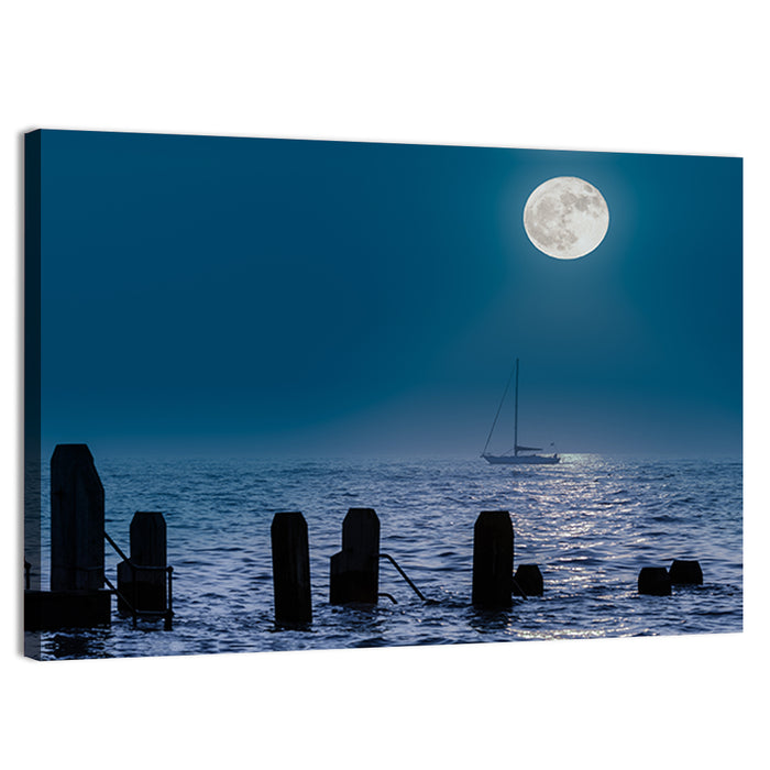 Moonlit Sailboat with Wooden Pylons Wall Art as a canvas print