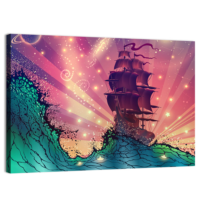 Tall Ship on Cosmic Waves Wall Art as a canvas print