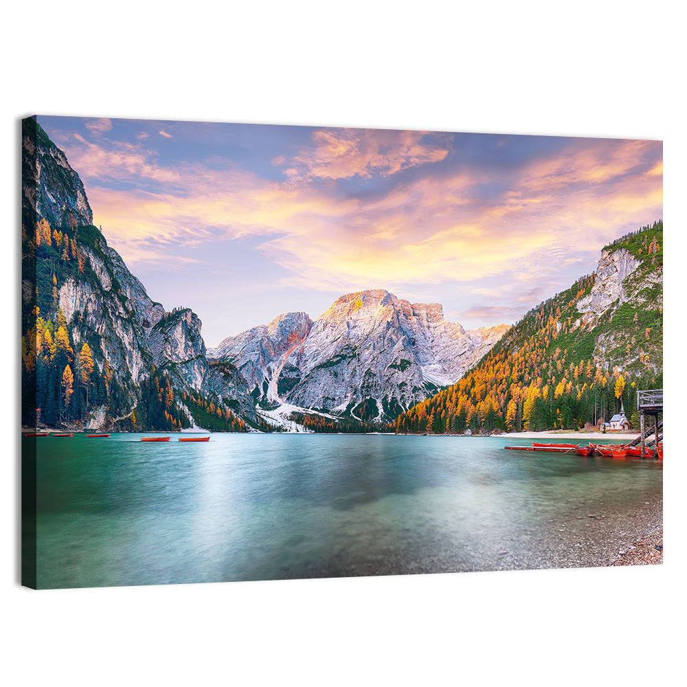 Lago Di Braies Golden Hour Wall Art, canvas print, landscape