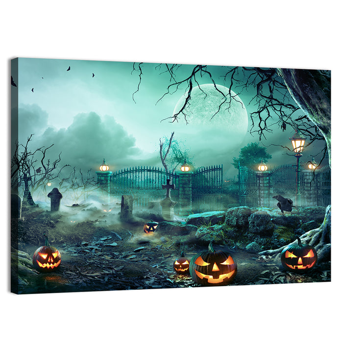 Moonlit Jack-o-lanterns in Cemetery Wall Art as a canvas print