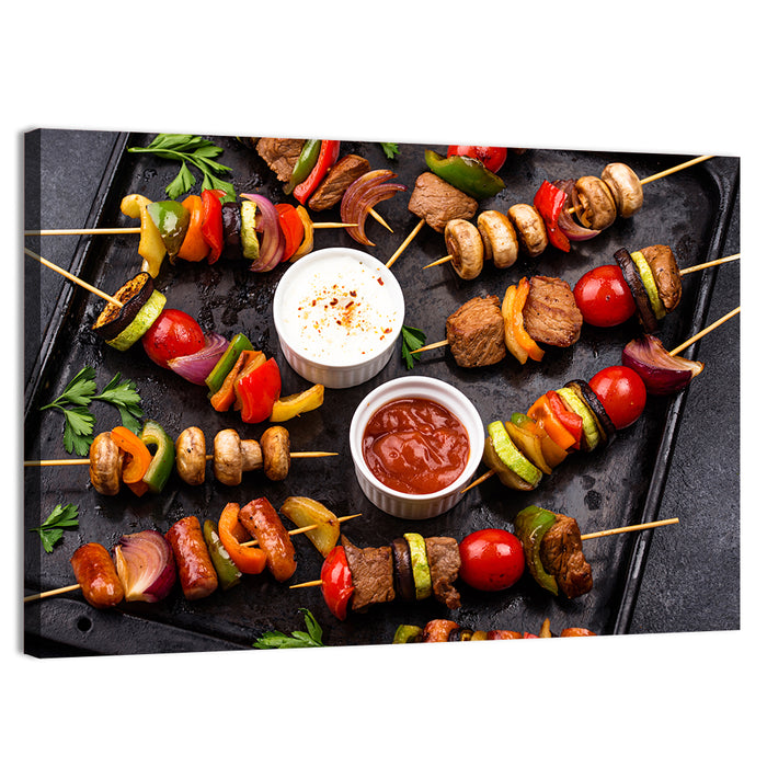 Grilled Meat and Vegetable Kebabs Wall Art as a canvas print