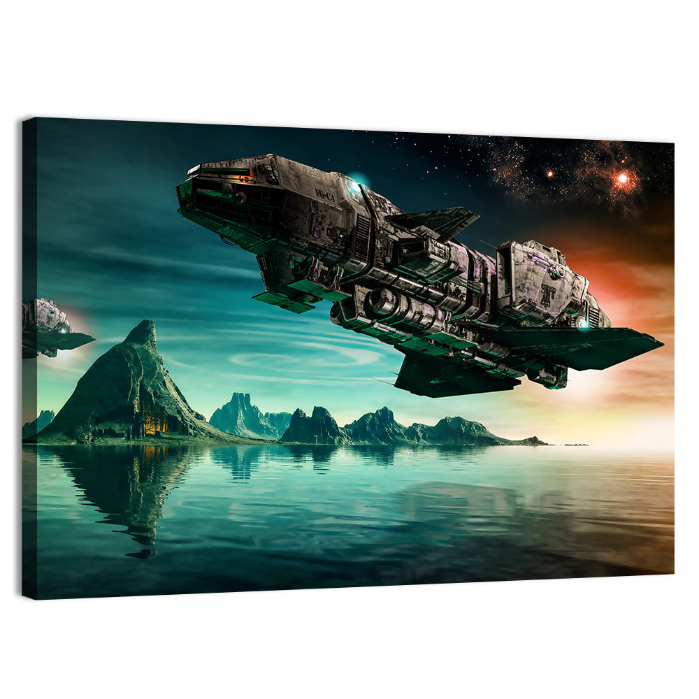 Dusk Battle Spacecraft Over Mountain Lake Wall Art, canvas print, landscape