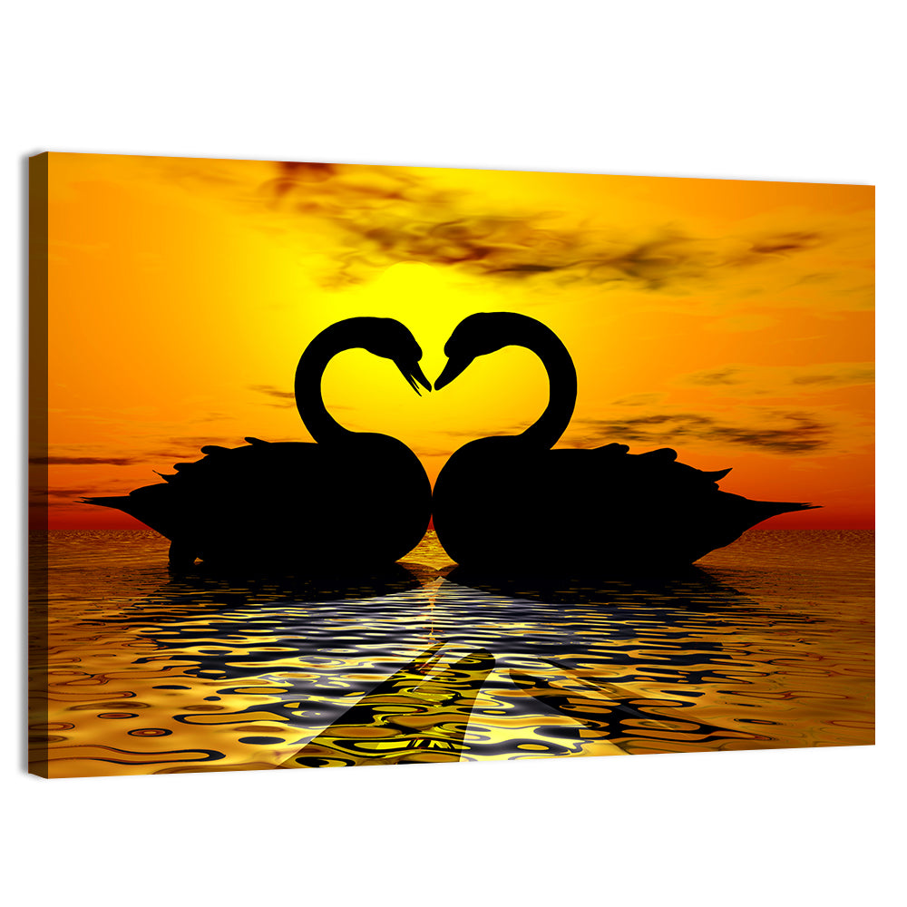 Swans Forming Heart at Sunset Wall Art, canvas print, landscape