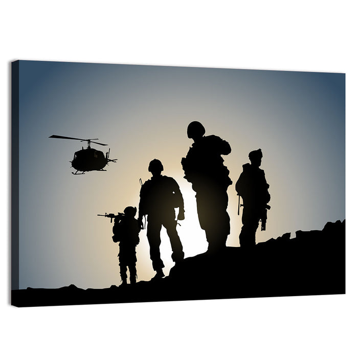 Soldiers on Ridge with Helicopter Wall Art as a canvas print