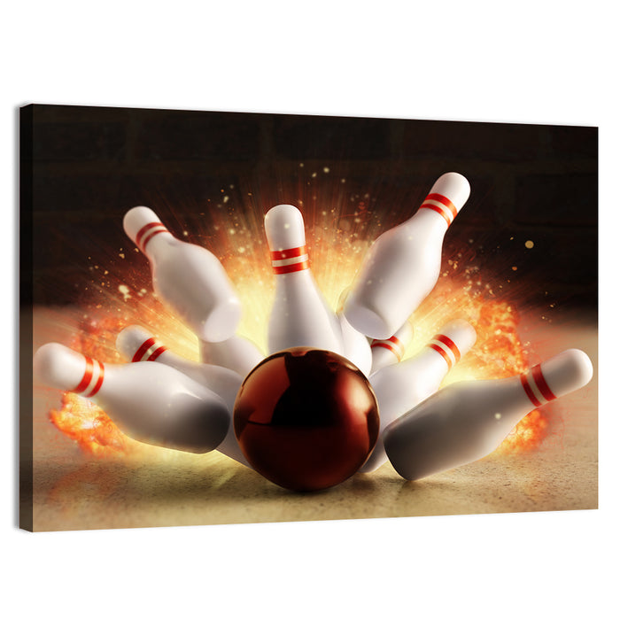 Fiery Bowling Strike Wall Art as a canvas print