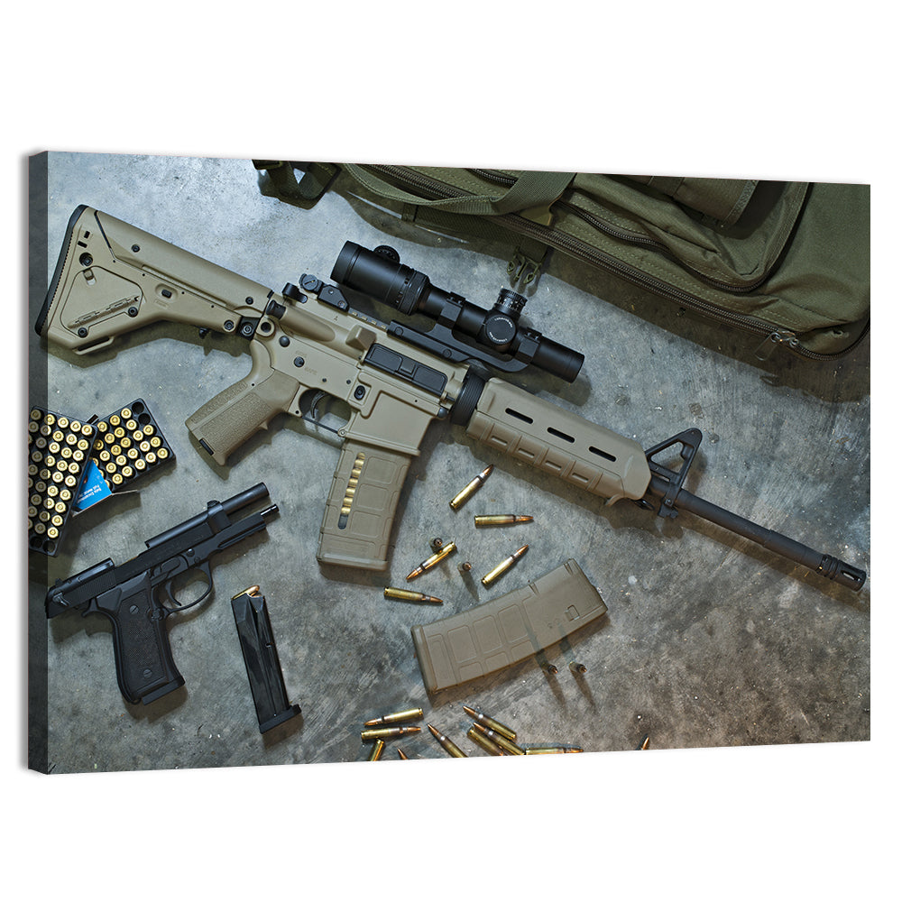 Scoped Rifle and Handgun with Ammo Wall Art, canvas print, landscape