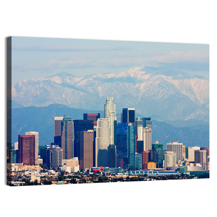 Los Angeles Skyline with Snowy Peaks Wall Art as a canvas print