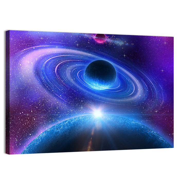 Starburst Over Ringed Planet Wall Art as a canvas print