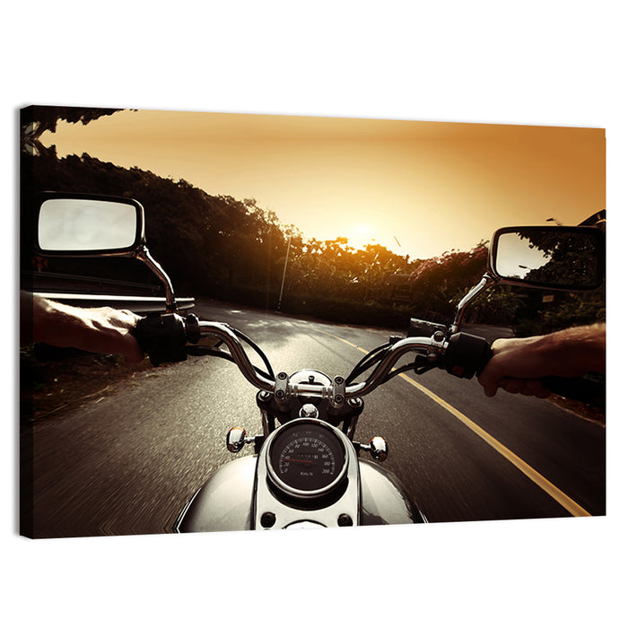Motorcycle Handlebar View at Sunset Wall Art as a canvas print