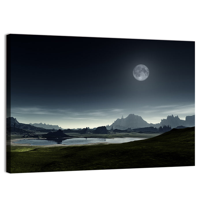 Crescent Moon Over Mountain Lake Wall Art as a canvas print