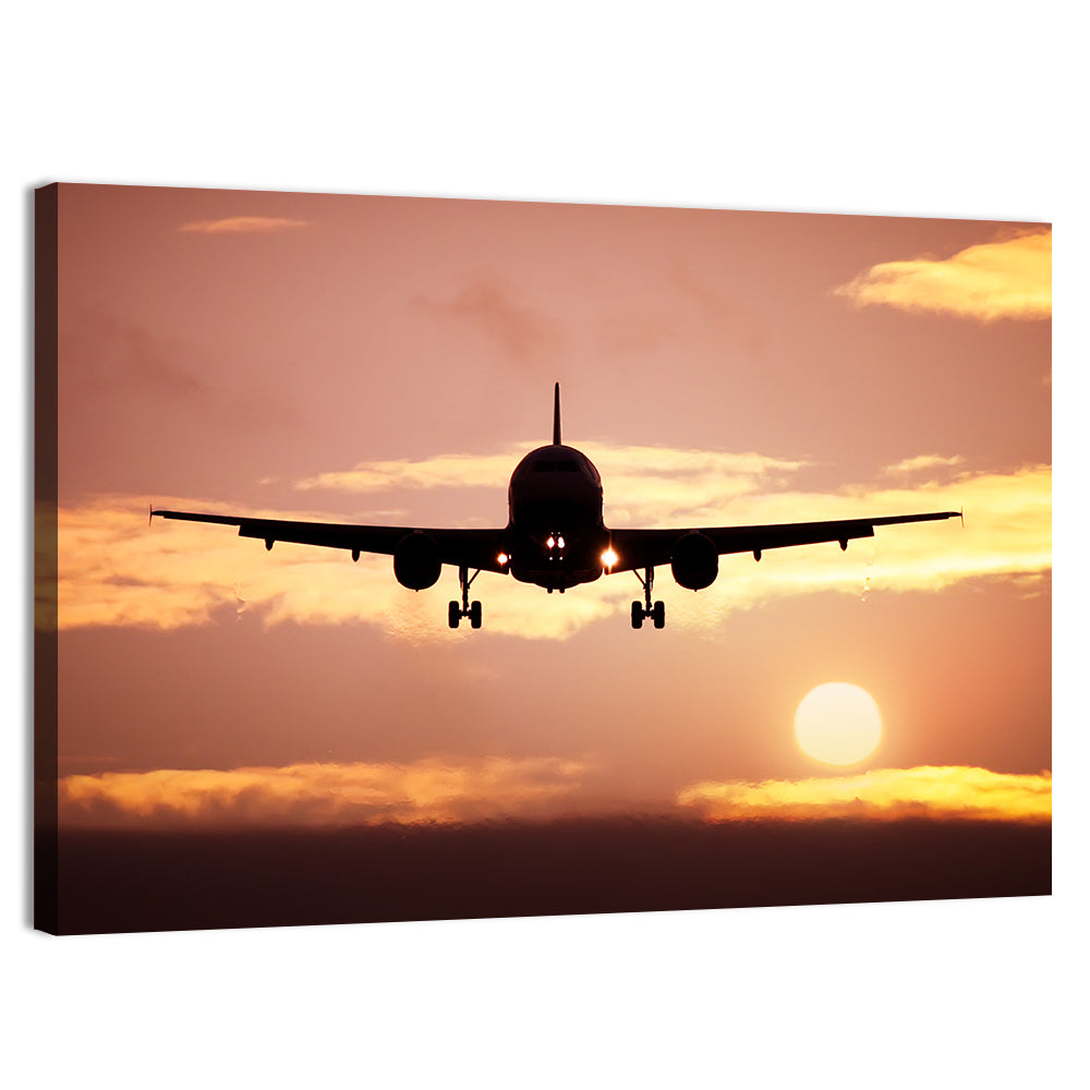 Airplane with Landing Gear at Sunset Wall Art, canvas print, landscape