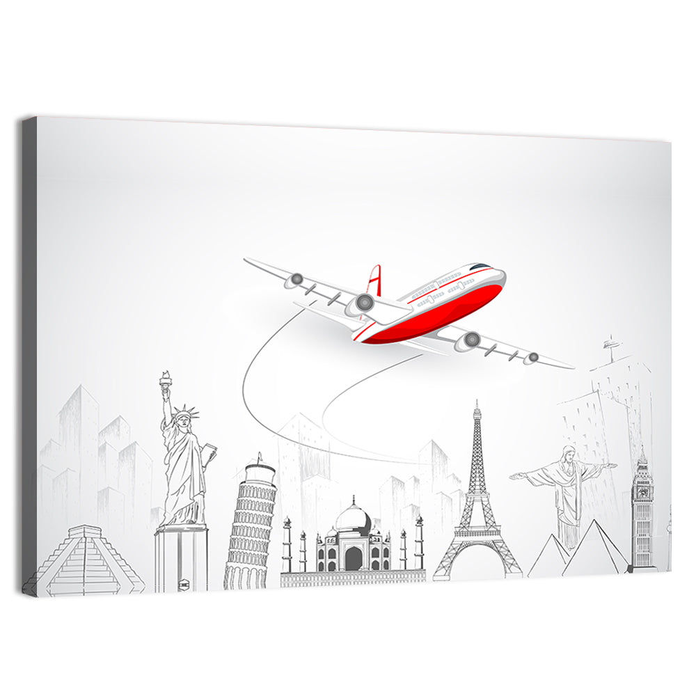 Airplane Over World Landmarks Wall Art, canvas print, landscape