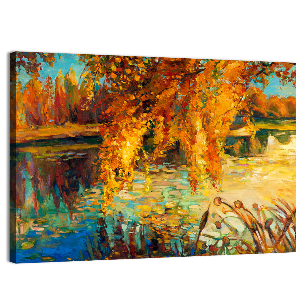 Autumn Lake with Weeping Willow Wall Art, canvas print, landscape