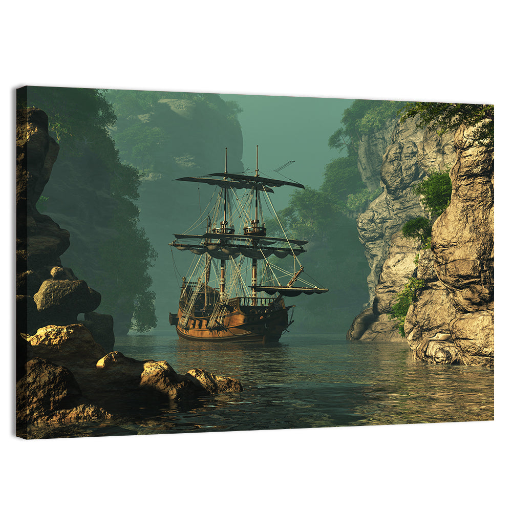 16th Century Sailing Ship in Gorge Wall Art, canvas print, landscape