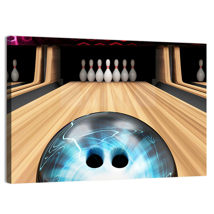 Glowing Blue Bowling Ball on Wooden Lane Wall Art as a canvas print