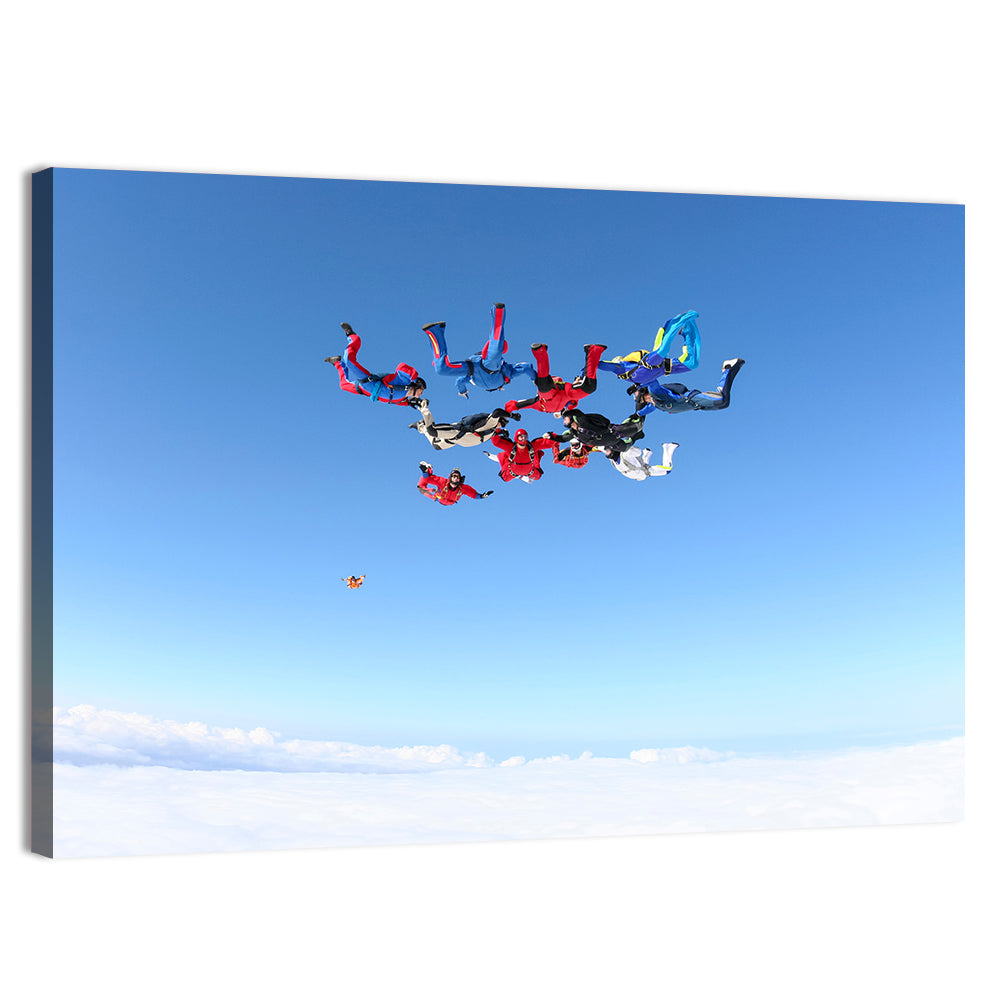 Skydiving Formation Over Clouds Wall Art, canvas print, landscape