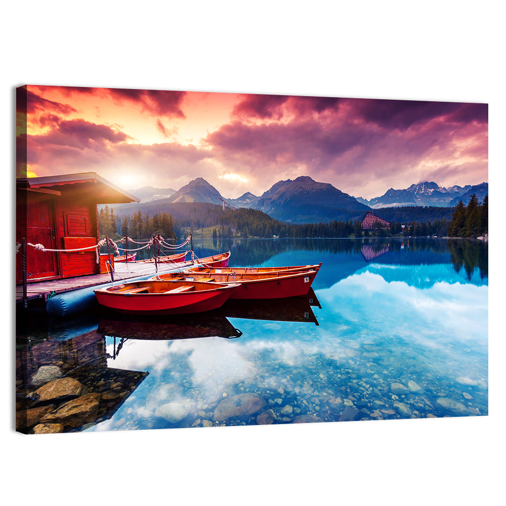 High Tatras Sunset Lake with Red Boats Wall Art, canvas print, landscape