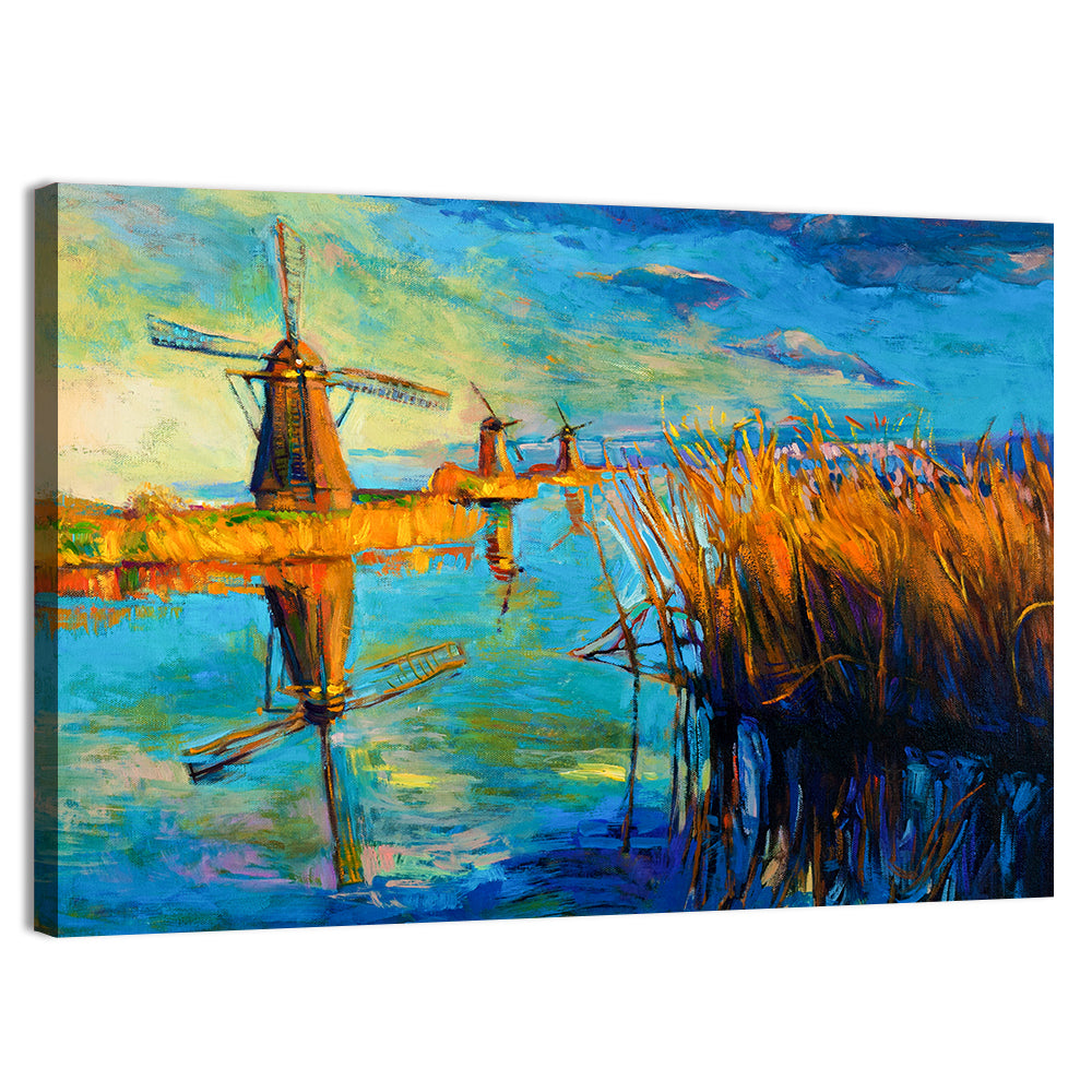Windmills by the Lake Wall Art, canvas print, landscape