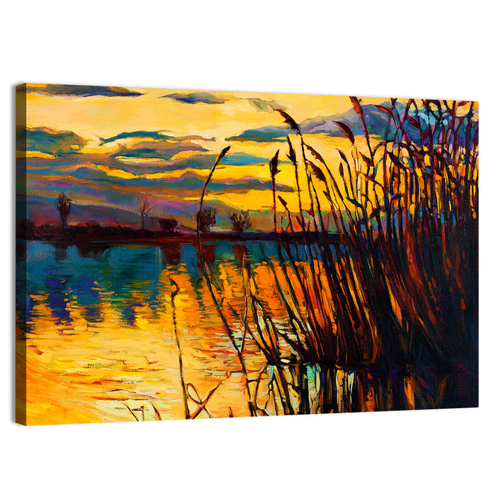 Sunset Lake with Reeds Wall Art as a canvas print