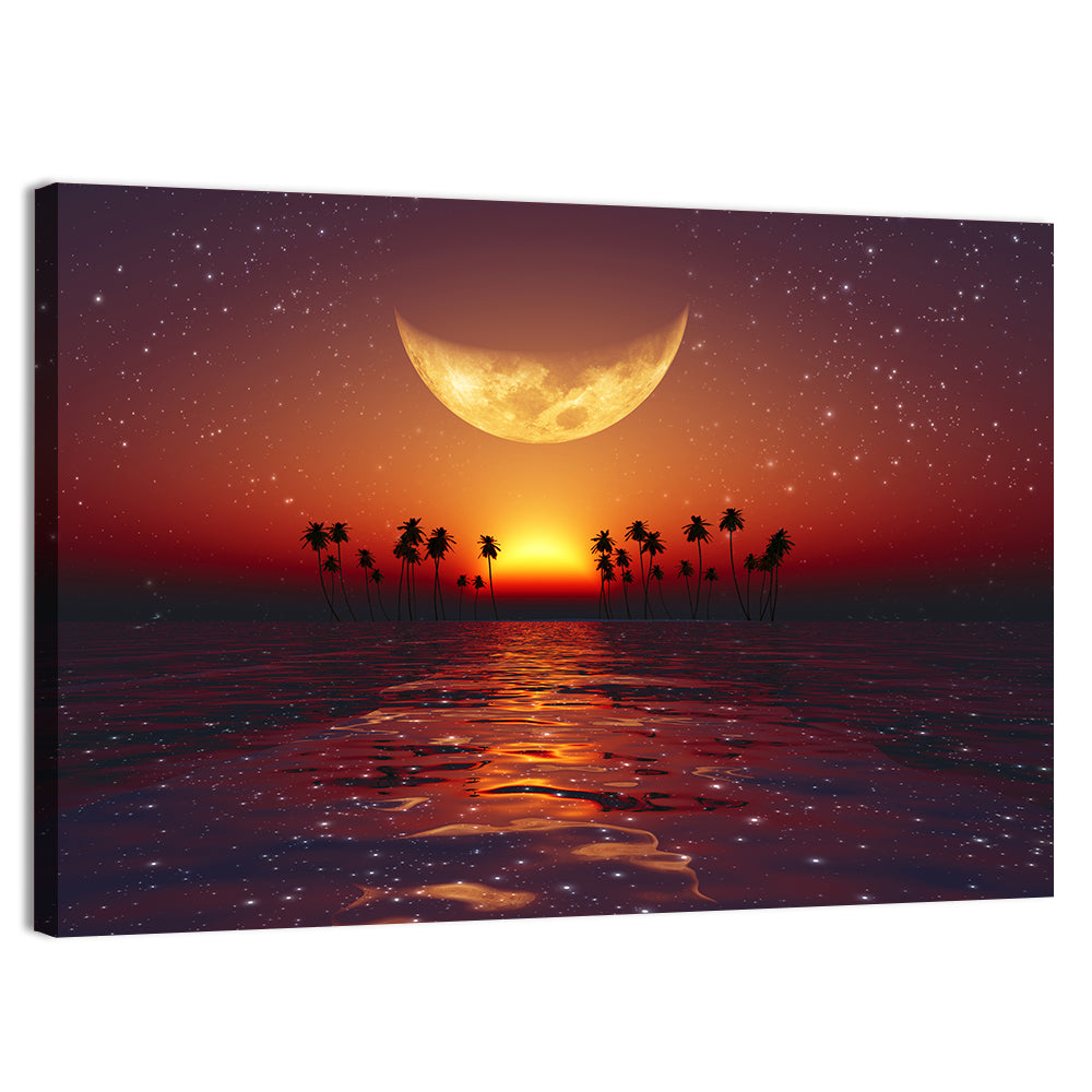 Golden Crescent Over Tropical Sunset Wall Art, canvas print, landscape
